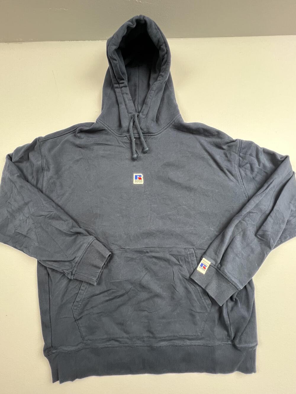 BOSS Hugo Boss Hoodie Sweatshirt Mens XL Blue Pullover Russell Athletic Logo